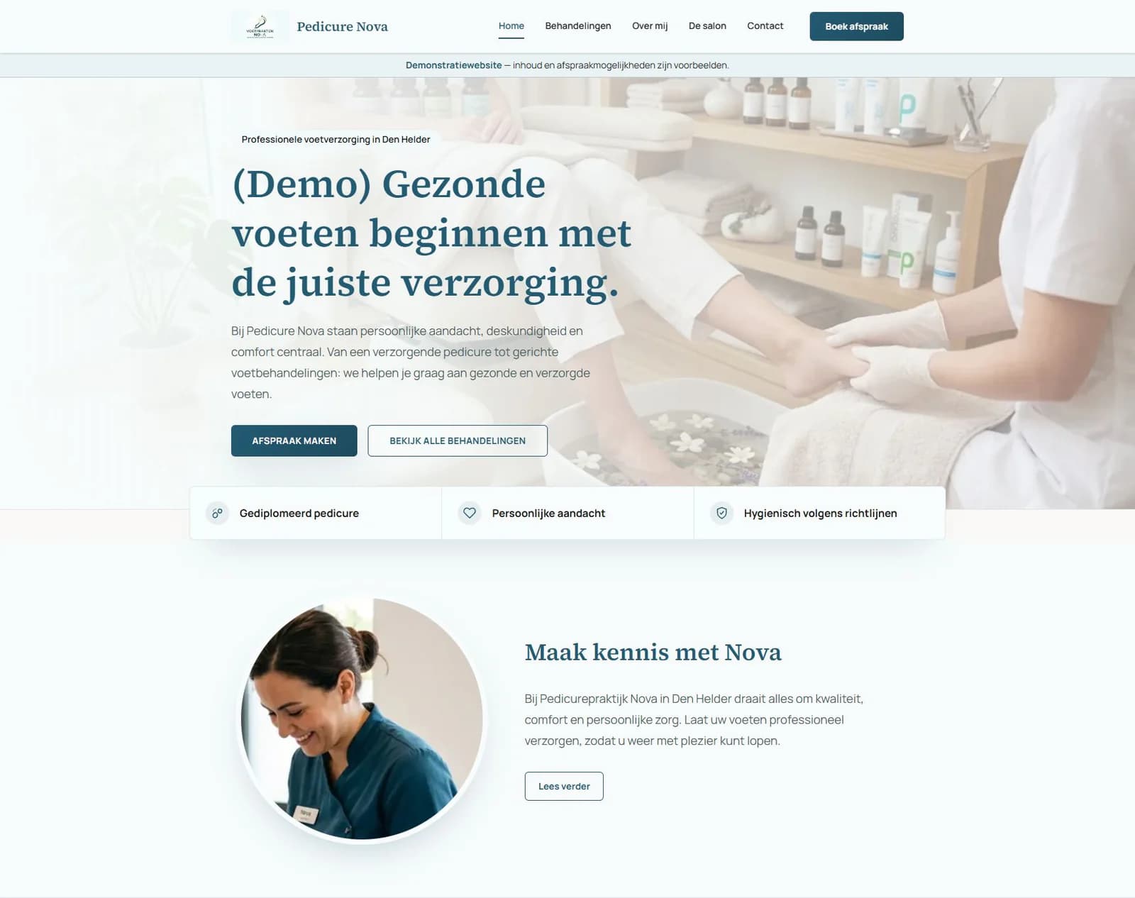 Voorbeeld van de pedicurewebsite van Voetpraktijk Nova, met homepage en kennismaking
